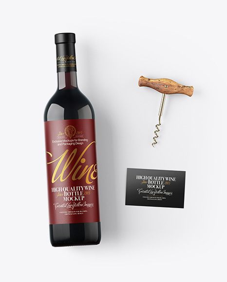Amber Wine Bottle w/ Corkscrew and Card Mockup