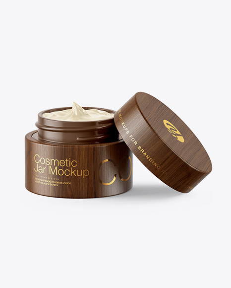 Opened Glossy Cosmetic Jar in Wooden Shell Mockup