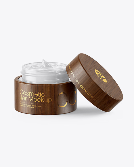 Opened Clear Glass Cosmetic Jar in Wooden Shell Mockup