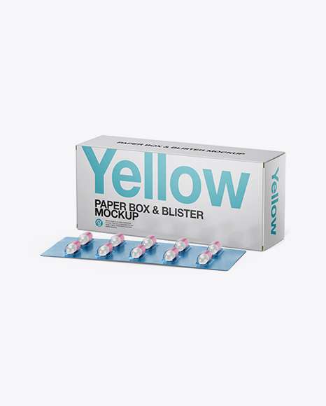 Glossy Paper Box & Pills Blister Mockup - Half Side View (High-Angle Shot)