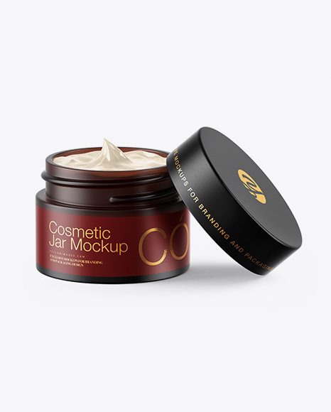 Opened Dark Frosted Amber Glass Cosmetic Jar Mockup