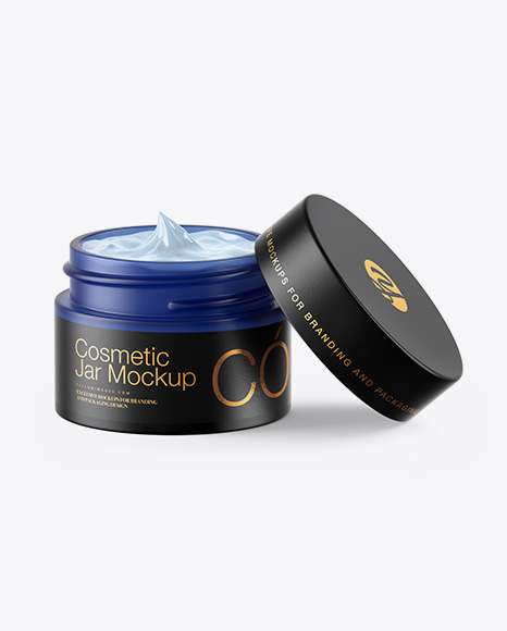 Opened Frosted Blue Glass Cosmetic Jar Mockup