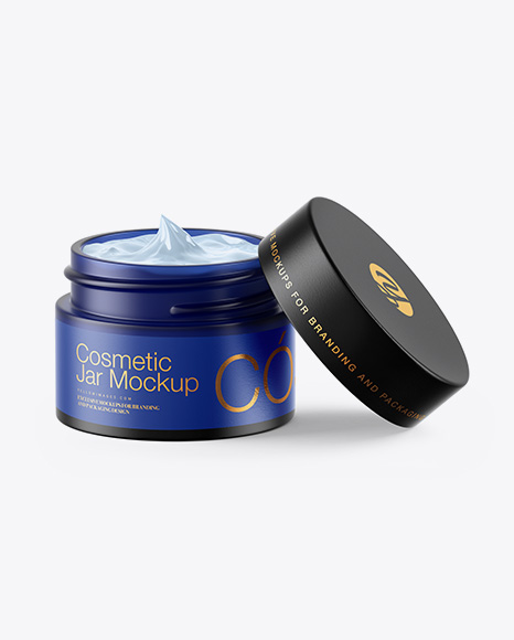 Opened Dark Frosted Blue Glass Cosmetic Jar Mockup