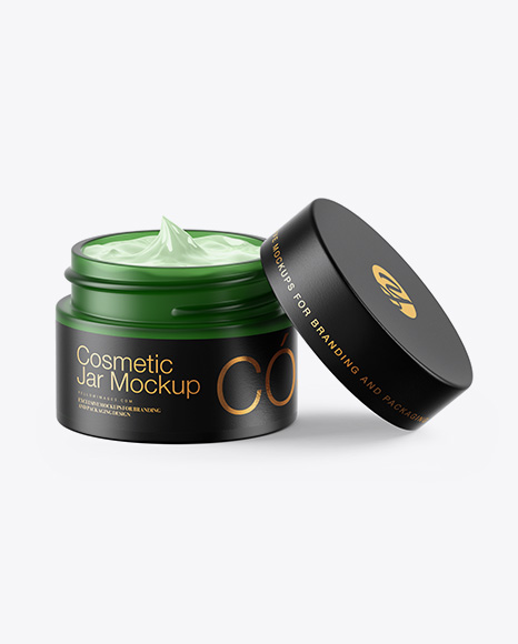 Opened Frosted Green Glass Cosmetic Jar Mockup