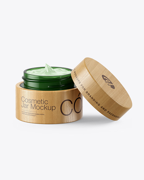 Opened Green Glass Cosmetic Jar in Wooden Shell Mockup