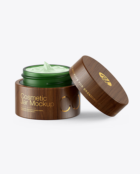 Opened Green Frosted Glass Cosmetic Jar in Wooden Shell Mockup
