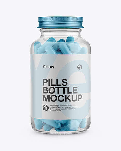 Clear Glass Bottle With Pills Mockup - Front View