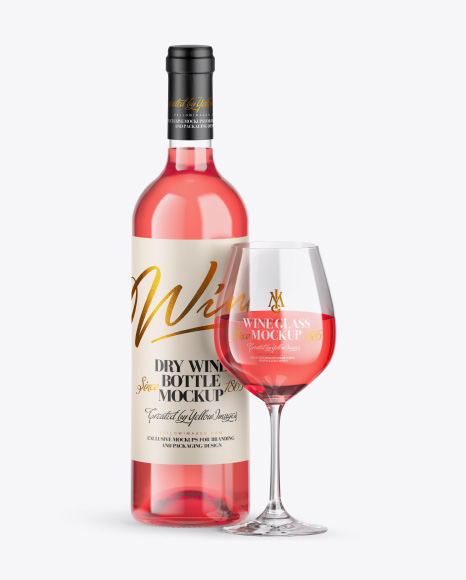 Clear Pink Wine Bottle w/ Glass Mockup
