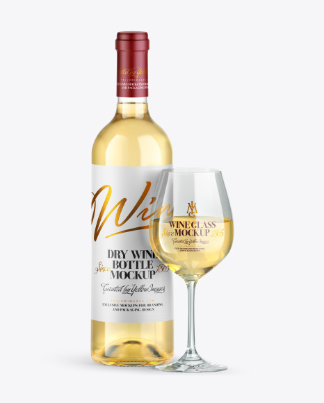 Clear White Wine Bottle w/ Glass Mockup