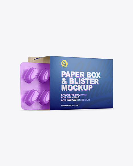 Opened Paper Box & Glossy Pills Blister Mockup - Half Side View
