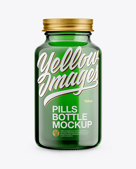 Green Glass Pills Bottle Mockup - Front View