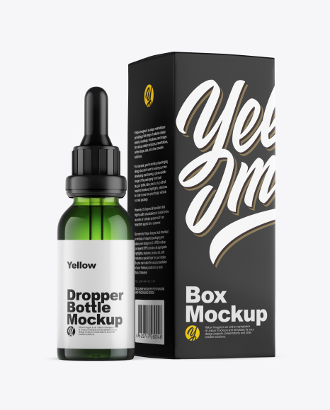 Green Glass Dropper Bottle w/ Box Mockup