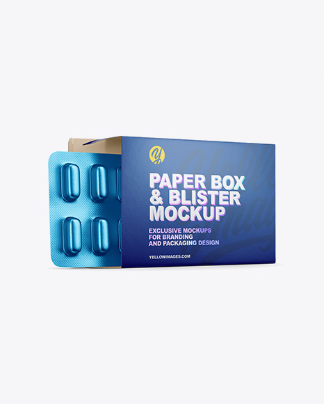 Opened Paper Box & Metallic Pills Blister Mockup - Half Side View