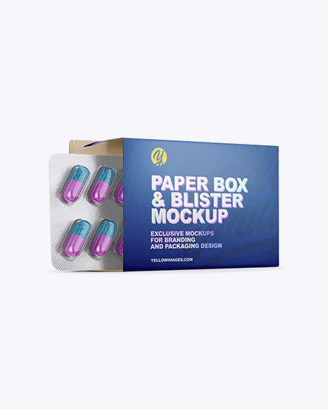 Opened Paper Box & Pills Blister Mockup - Half Side View