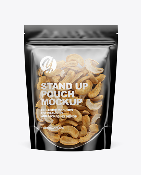 Glossy Transparent Stand-Up Pouch W/ Cashew Nuts Mockup