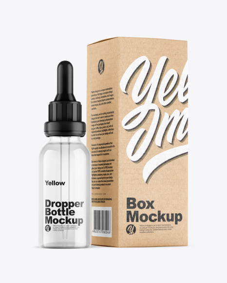 Clear Glass Dropper Bottle w/ Kraft Box Mockup
