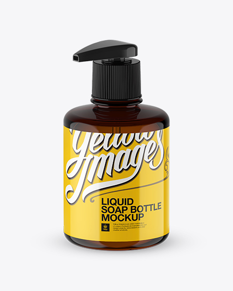 Amber Liquid Soap Bottle with Pump Mockup - Halfside View (High-Angle Shot)