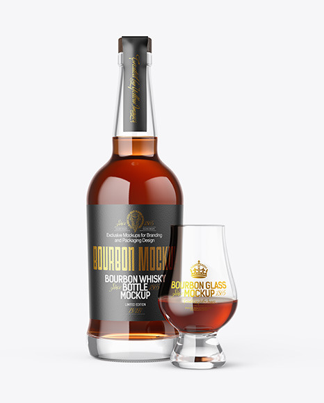 Bourbon Bottle With Glass Mockup