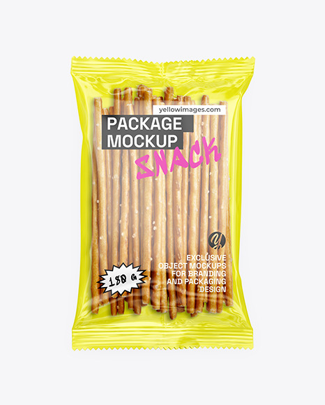 Transparent Glossy Package with Salty Sticks Mockup