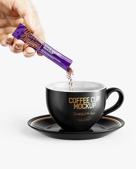 Glossy Stick Sachet With Coffee in a Hand & Coffee Cup Mockup