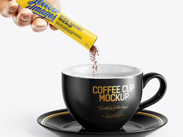 Matte Stick Sachet With Coffee in a Hand & Coffee Cup Mockup