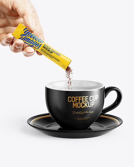 Matte Stick Sachet With Coffee in a Hand & Coffee Cup Mockup