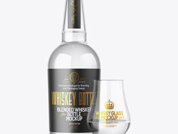 White Whiskey Bottle With Glass Mockup