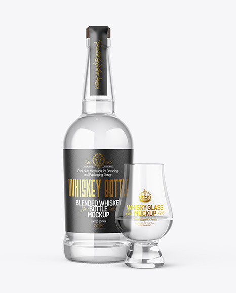 White Whiskey Bottle With Glass Mockup