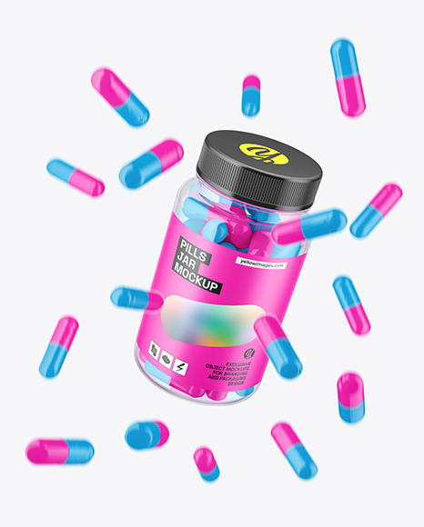 Clear Pills Jar with Flying Pills Mockup