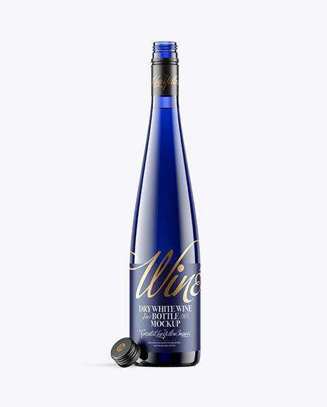 Opened Blue Glass Bottle With White Wine Mockup
