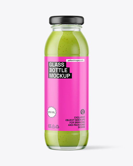 250ml Clear Glass Bottle with Green Smoothie Mockup