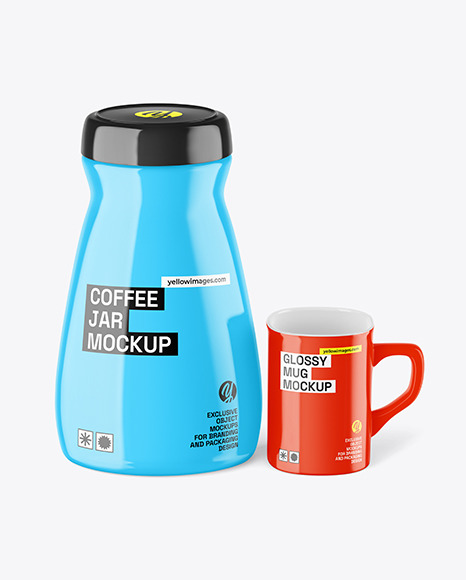 Glossy Coffee Jar With Mug Mockup