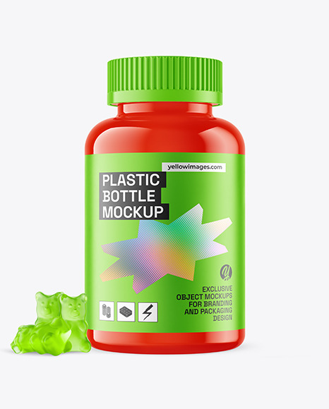 Glossy Plastic Bottle with Gummies Mockup