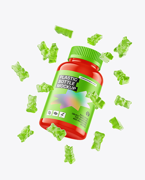 Glossy Plastic Bottle with Flying Gummies Mockup