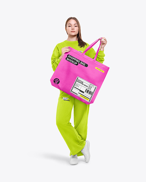 Girl in a Tracksuit with Shopping Bag Mockup