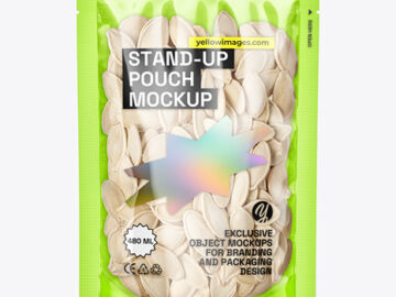 Clear Plastic Stand-Up Pouch w/ Pumpkin Seeds Mockup