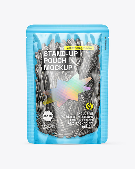 Clear Plastic Stand-Up Pouch w/ Black Sunflower Seeds Mockup