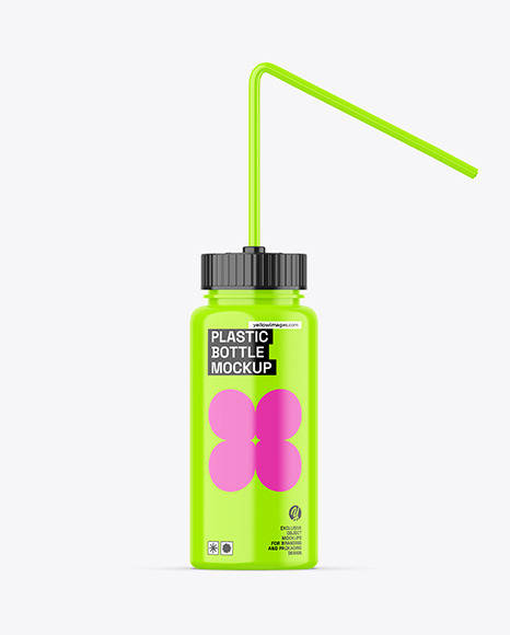 Glossy Plastic Bottle with Straw Mockup