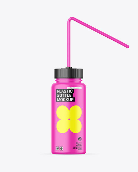 Matte Plastic Bottle with Straw Mockup